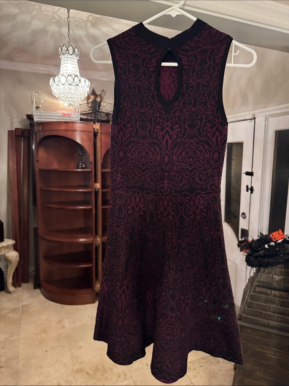 Sleeveless Xhilarstion Black and Burgundy Patterned Fit/Flare Dress Size Medium